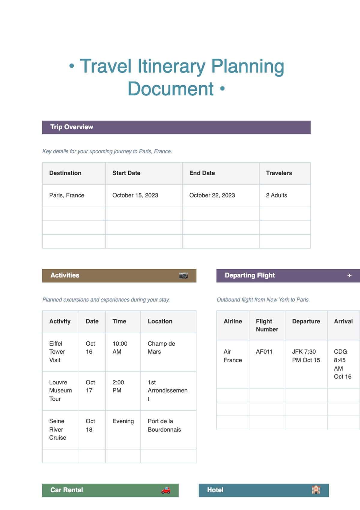 Colorful travel itinerary planner with flight car rental hotel and activities sections_variant_3